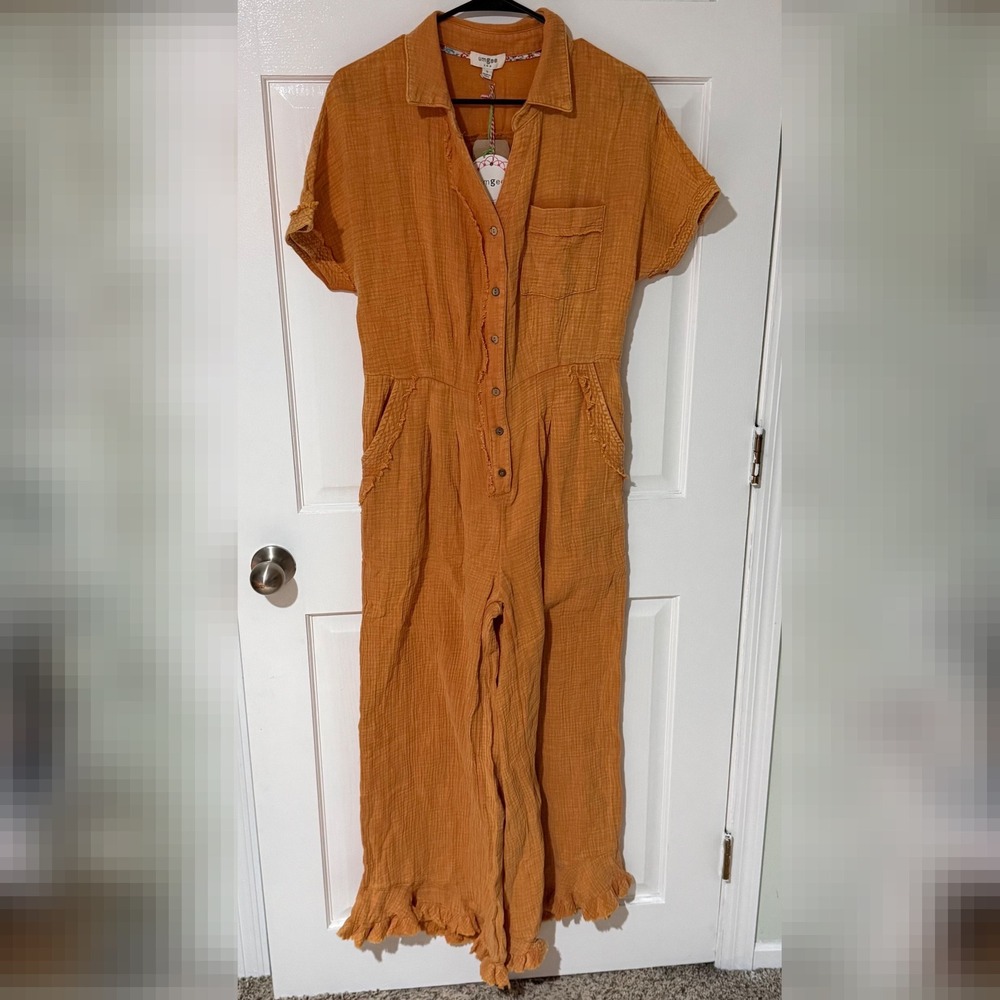 Umgee Womens Mustard Orange Gauze Ruffle Hem Button Front Jumpsuit Small NWT
